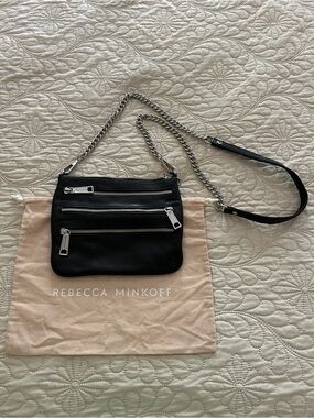 Rebecca Minkoff Black Leather Crossbody with Silver Chain and Zippers